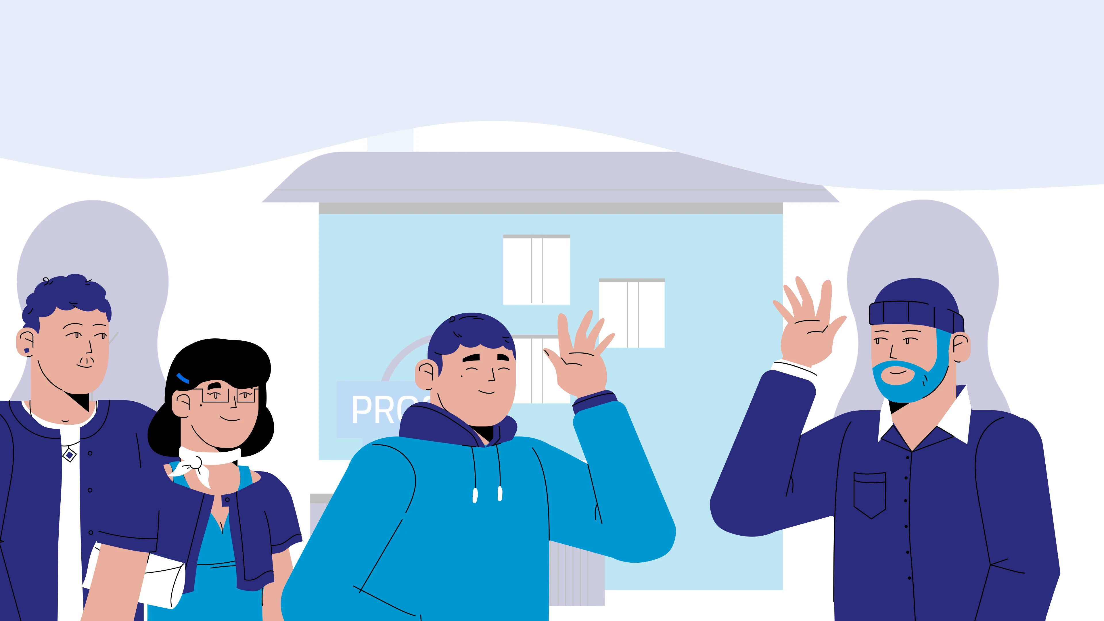 Illustration d'un jeune accompagné de ses parents, saluant un adulte.
